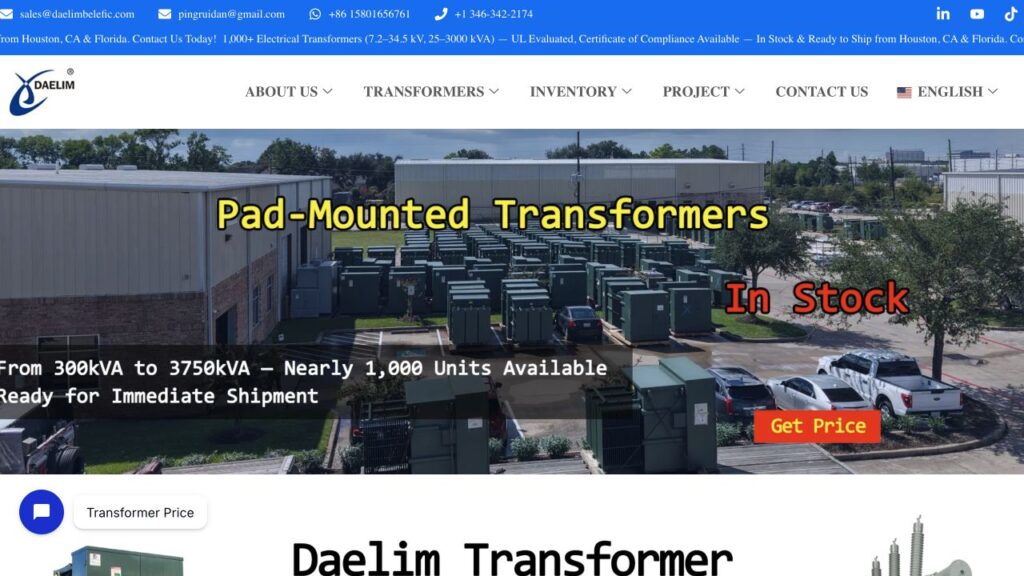 Daelim Transformer公开首页截图,展示变压器产品及采购入口