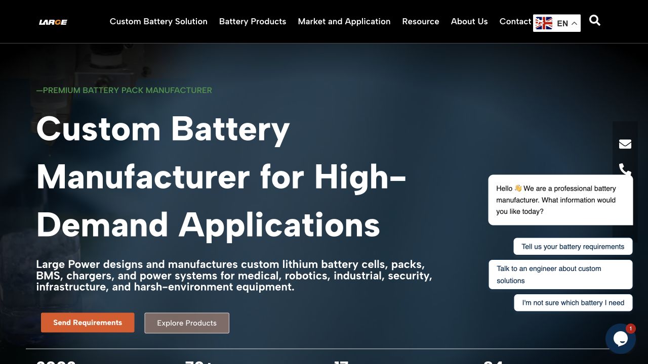 Large Battery公开首页的定制电池与应用资料入口