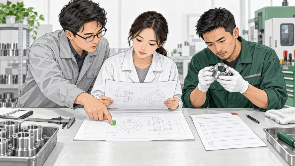专业角色核对工厂零件与技术资料的原创插画
