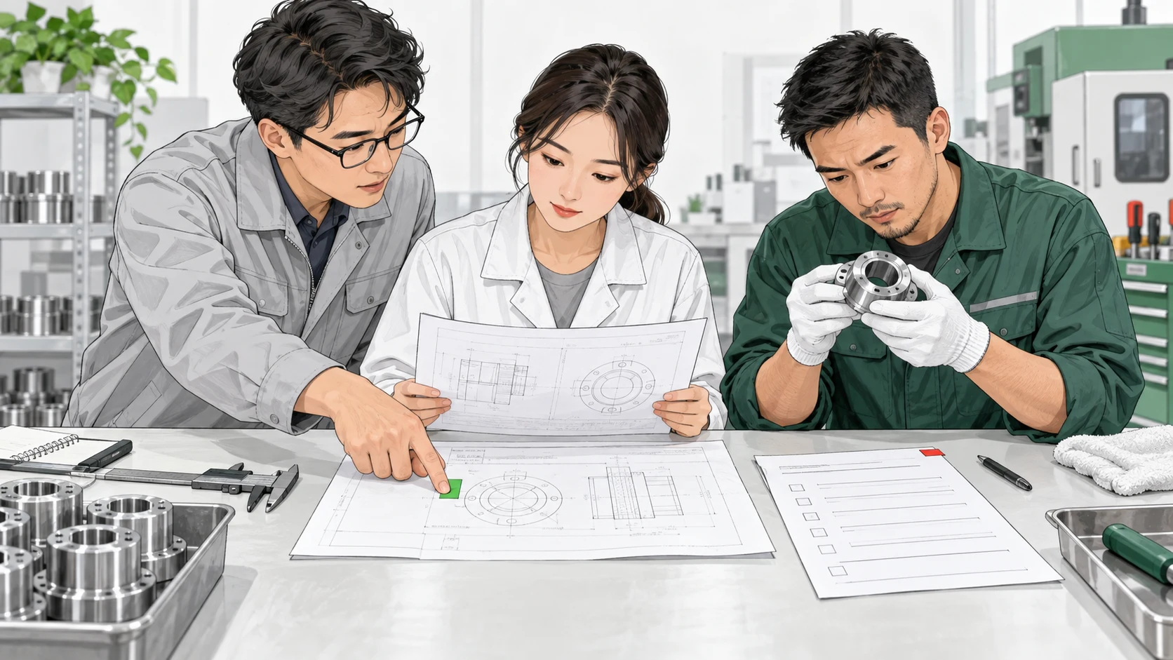 专业角色核对工厂零件与技术资料的原创插画