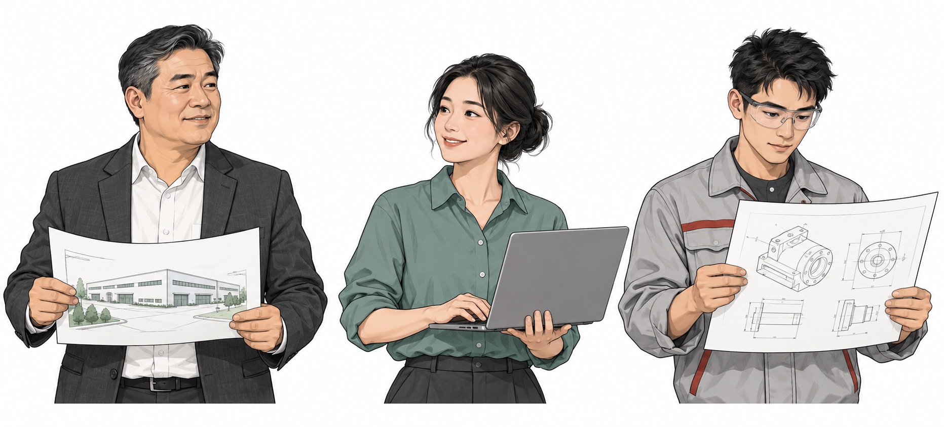 工厂负责人、外贸运营、技术审核三种协作角色的示意插画